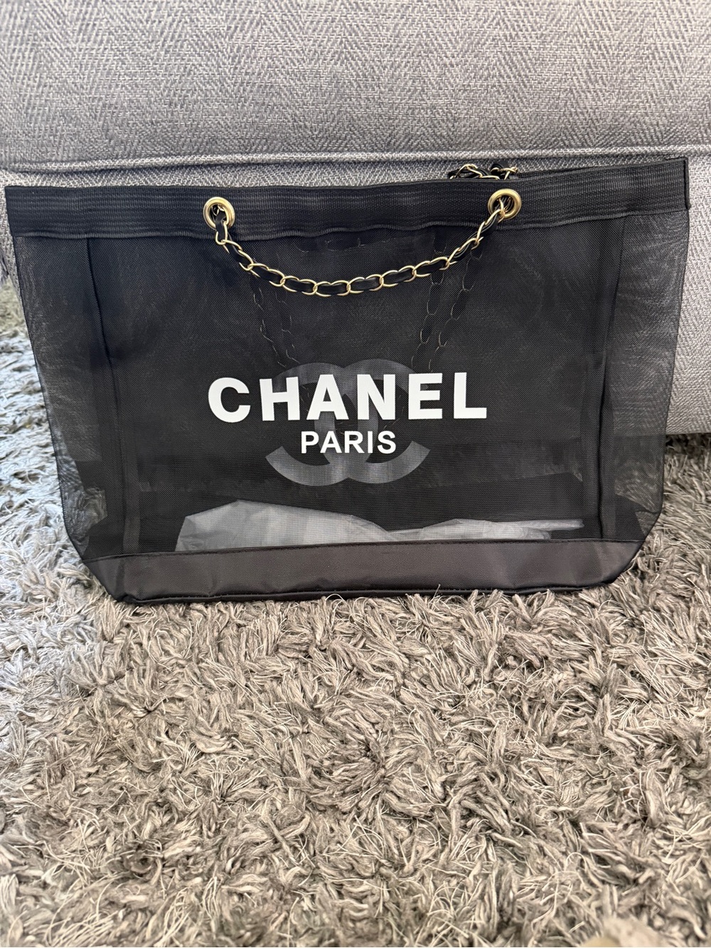 Fashion Inspired Black Mesh Tote with Gold Chain Handles (New)